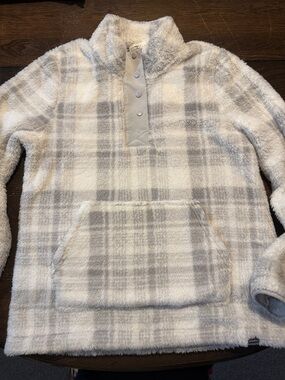 Eddie Bauer Women’s Plush Zip-Up Fleece Pullover - White and Light Gray Plaid